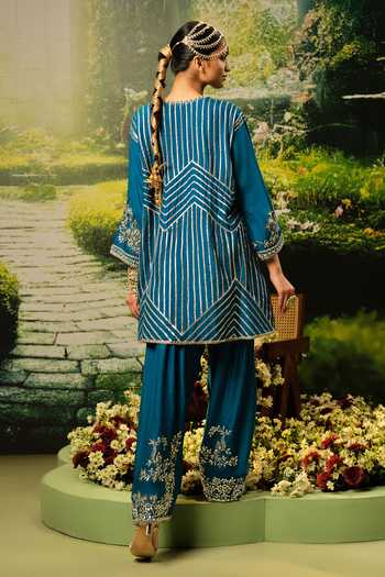 Shop_Priyaa_Teal Silk, Organza, Satin Embroidery Round Neck Sameera Kurta Set _at_Aza_Fashions
