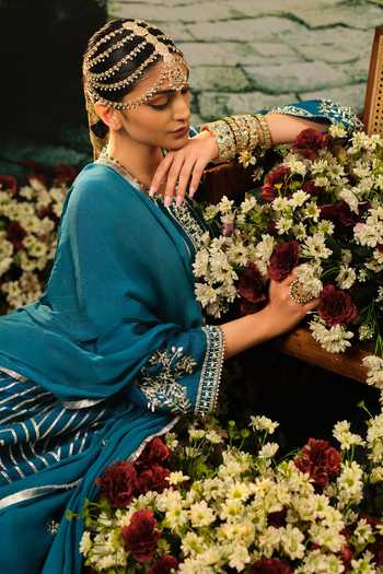 Shop_Priyaa_Teal Silk, Organza, Satin Embroidery Round Neck Sameera Kurta Set _Online_at_Aza_Fashions