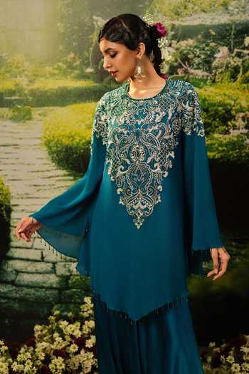 Buy_Priyaa_Teal Georgette, Satin Embroidery Round Neck Najma Top And Pant Set _Online_at_Aza_Fashions