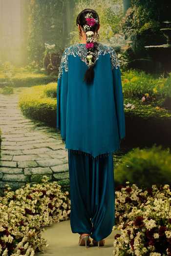 Shop_Priyaa_Teal Georgette, Satin Embroidery Round Neck Najma Top And Pant Set _at_Aza_Fashions