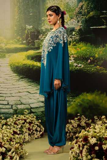Shop_Priyaa_Teal Georgette, Satin Embroidery Round Neck Najma Top And Pant Set _Online_at_Aza_Fashions