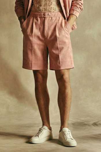 Shop_Nikita Mhaisalkar_Pink Suede Jacket And Shorts Set _at_Aza_Fashions