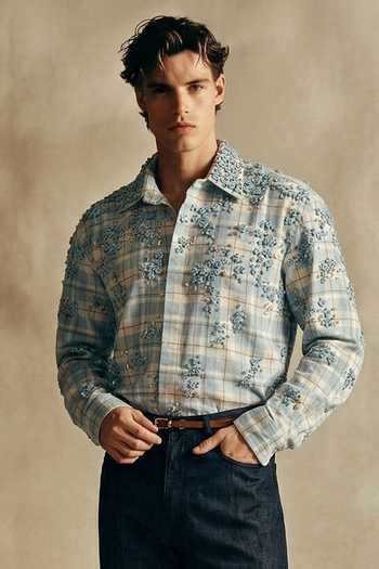Buy_Nikita Mhaisalkar_Blue Georgette Beads, Fabric Flowers Floral Embellishment Plaid Sequin Shirt _at_Aza_Fashions