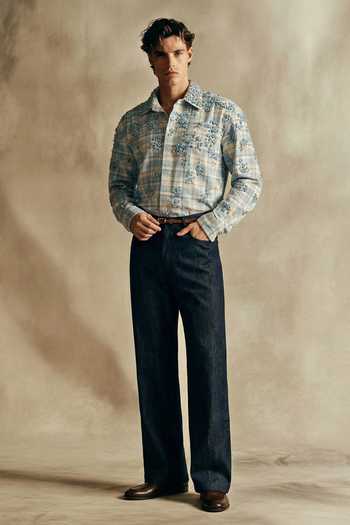 Shop_Nikita Mhaisalkar_Blue Georgette Beads, Fabric Flowers Floral Embellishment Plaid Sequin Shirt _at_Aza_Fashions