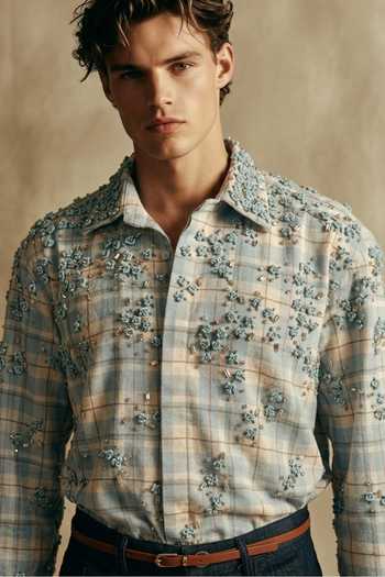 Nikita Mhaisalkar_Blue Georgette Beads, Fabric Flowers Floral Embellishment Plaid Sequin Shirt _Online_at_Aza_Fashions