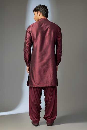 Shop_Salil Bhatia_Wine Silk, Satin, Modal Mirrors Embroidered Kurta Set _at_Aza_Fashions