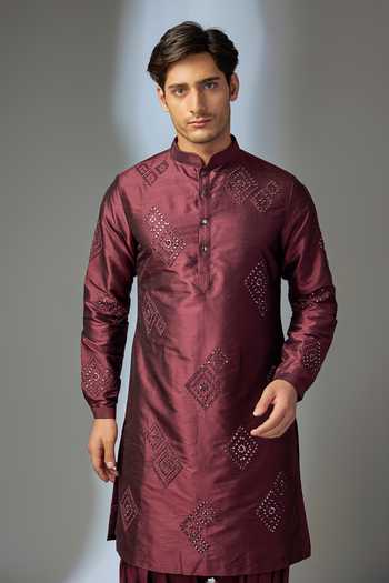 Salil Bhatia_Wine Silk, Satin, Modal Mirrors Embroidered Kurta Set _Online_at_Aza_Fashions