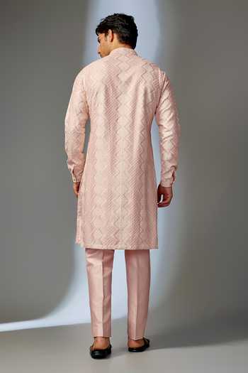 Shop_SALIL BHATIA_Peach Silk, Chanderi Embroidery, Sequins Embellished Kurta Set _at_Aza_Fashions