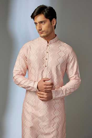SALIL BHATIA_Peach Silk, Chanderi Embroidery, Sequins Embellished Kurta Set _Online_at_Aza_Fashions
