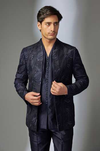 SALIL BHATIA_Navy Silk, Chanderi Embroidery, Sequins Embellished Sherwani Set _Online_at_Aza_Fashions