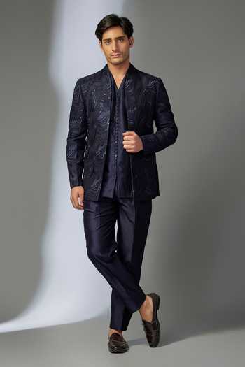 Buy_SALIL BHATIA_Navy Silk, Chanderi Embroidery, Sequins Embellished Sherwani Set _at_Aza_Fashions
