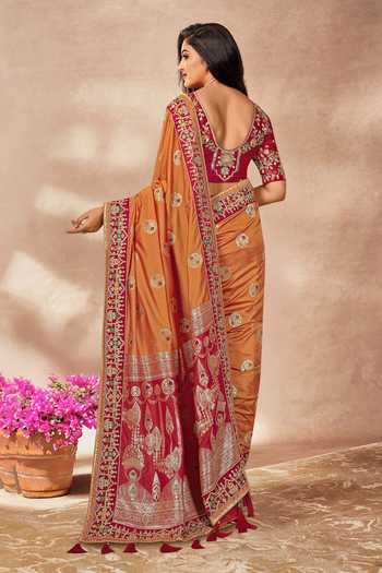 Shop_Khwaab By Sanjana Lakhani_Red , Satin Sequins, Embroidery, Floral Butta Woven Saree And Blouse Set _at_Aza_Fashions