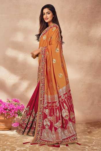 Khwaab By Sanjana Lakhani_Red , Satin Sequins, Embroidery, Floral Butta Woven Saree And Blouse Set _Online_at_Aza_Fashions
