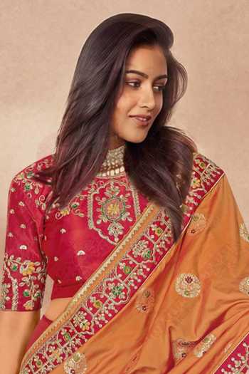 Buy_Khwaab By Sanjana Lakhani_Red , Satin Sequins, Embroidery, Floral Butta Woven Saree And Blouse Set _Online_at_Aza_Fashions