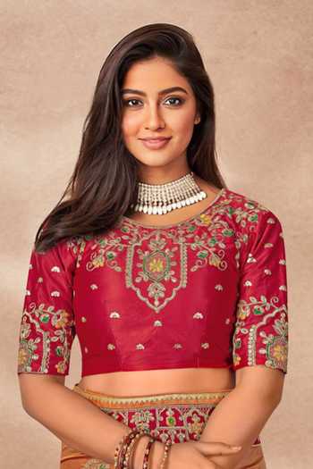 Shop_Khwaab By Sanjana Lakhani_Red , Satin Sequins, Embroidery, Floral Butta Woven Saree And Blouse Set _Online_at_Aza_Fashions