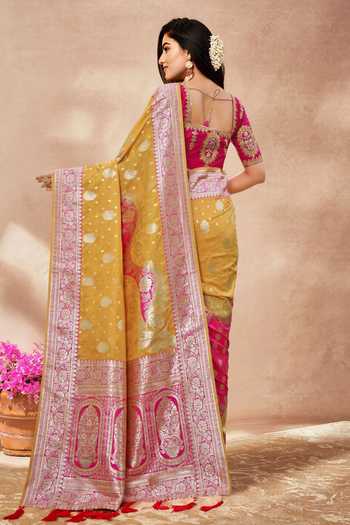 Shop_Khwaab By Sanjana Lakhani_Pink Silk Embroidery Round Neck Yellow Banarasi Floral Woven Saree And Blouse _at_Aza_Fashions