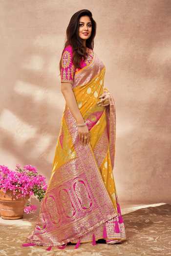 Buy_Khwaab By Sanjana Lakhani_Pink Silk Embroidery Round Neck Yellow Banarasi Floral Woven Saree And Blouse _Online_at_Aza_Fashions
