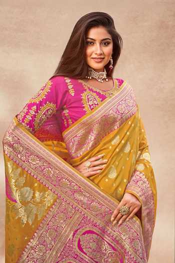 Shop_Khwaab By Sanjana Lakhani_Pink Silk Embroidery Round Neck Yellow Banarasi Floral Woven Saree And Blouse _Online_at_Aza_Fashions