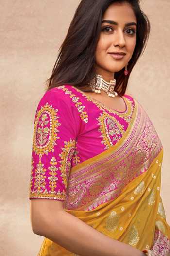 Khwaab By Sanjana Lakhani_Pink Silk Embroidery Round Neck Yellow Banarasi Floral Woven Saree And Blouse _at_Aza_Fashions