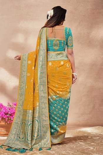 Shop_Khwaab By Sanjana Lakhani_Green Silk Sequins, Embroidery Round Neck Floral Woven Saree And Blouse _at_Aza_Fashions