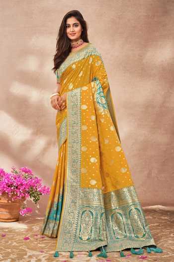 Khwaab By Sanjana Lakhani_Green Silk Sequins, Embroidery Round Neck Floral Woven Saree And Blouse _Online_at_Aza_Fashions