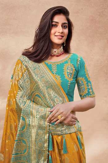 Shop_Khwaab By Sanjana Lakhani_Green Silk Sequins, Embroidery Round Neck Floral Woven Saree And Blouse _Online_at_Aza_Fashions