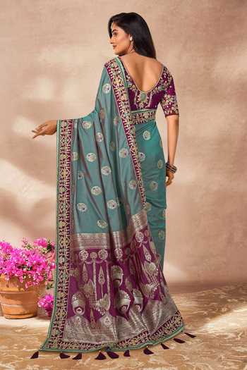 Shop_Khwaab By Sanjana Lakhani_Purple Silk, Georgette Embroidery, Zari Boat Floral Chandelier Woven Saree Set _at_Aza_Fashions