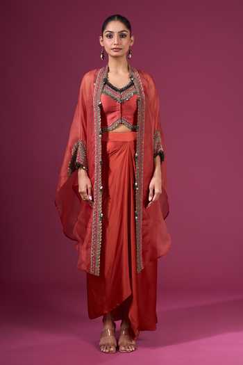 Buy_Prisho_Orange Sequins, Beads, Mirrors V-neck Embroidered Long Cape Skirt Set _Online_at_Aza_Fashions