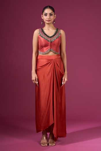 Shop_Prisho_Orange Sequins, Beads, Mirrors V-neck Embroidered Long Cape Skirt Set _Online_at_Aza_Fashions
