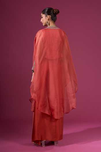 Prisho_Orange Sequins, Beads, Mirrors V-neck Embroidered Long Cape Skirt Set _Online_at_Aza_Fashions