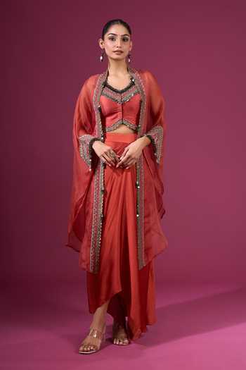 Prisho_Orange Sequins, Beads, Mirrors V-neck Embroidered Long Cape Skirt Set _at_Aza_Fashions