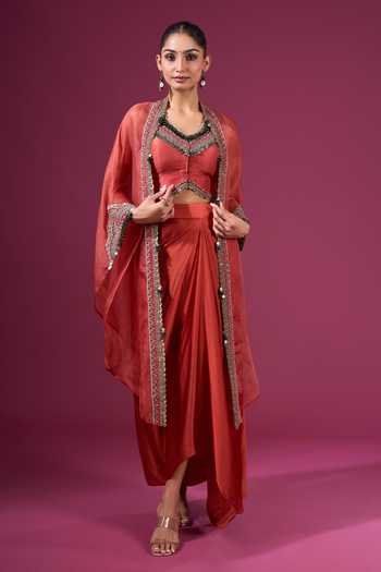 Buy_Prisho_Orange Sequins, Beads, Mirrors V-neck Embroidered Long Cape Skirt Set _at_Aza_Fashions