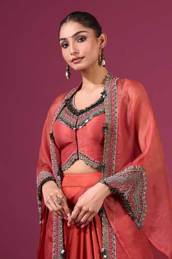 Buy_Prisho_Orange Sequins, Beads, Mirrors V-neck Embroidered Long Cape Skirt Set 