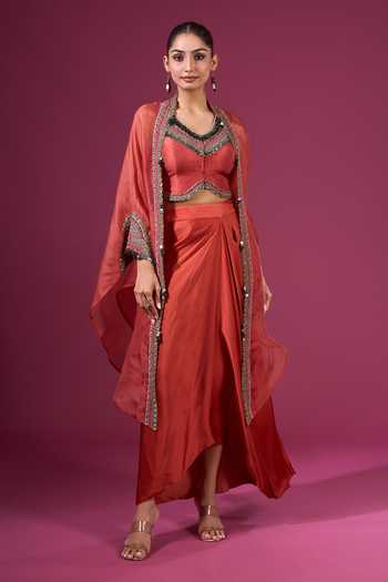Shop_Prisho_Orange Sequins, Beads, Mirrors V-neck Embroidered Long Cape Skirt Set 
