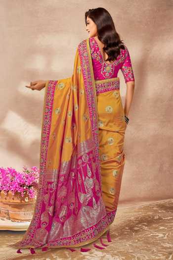 Shop_Khwaab By Sanjana Lakhani_Yellow Georgette, Silk Embroidery, Zari, Sequins Palatial Floral Woven Saree Set _at_Aza_Fashions