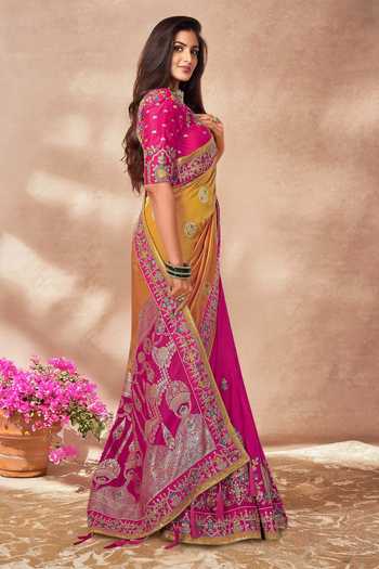 Khwaab By Sanjana Lakhani_Yellow Georgette, Silk Embroidery, Zari, Sequins Palatial Floral Woven Saree Set _Online_at_Aza_Fashions