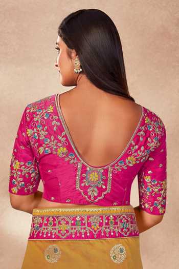 Shop_Khwaab By Sanjana Lakhani_Yellow Georgette, Silk Embroidery, Zari, Sequins Palatial Floral Woven Saree Set _Online_at_Aza_Fashions