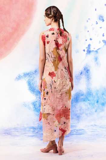 Shop_Ilk_Pink Embroidery High Neck Lichen Midi Dress _at_Aza_Fashions