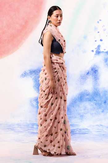 Ilk_Pink Silk, Muslin Embroidery Leo Printed Saree _Online_at_Aza_Fashions