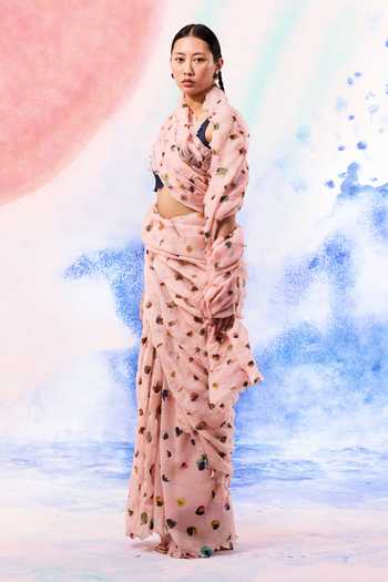 Shop_Ilk_Pink Silk, Muslin Embroidery Leo Printed Saree _Online_at_Aza_Fashions