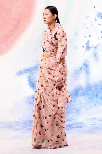 Ilk_Pink Silk, Muslin Embroidery Leo Printed Saree _at_Aza_Fashions
