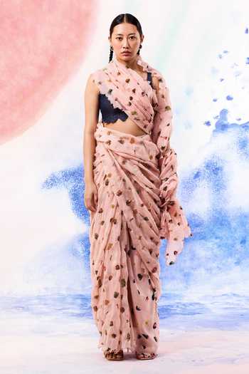 Buy_Ilk_Pink Silk, Muslin Embroidery Leo Printed Saree _at_Aza_Fashions
