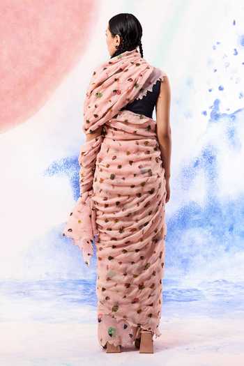 Shop_Ilk_Pink Silk, Muslin Embroidery Leo Printed Saree _at_Aza_Fashions