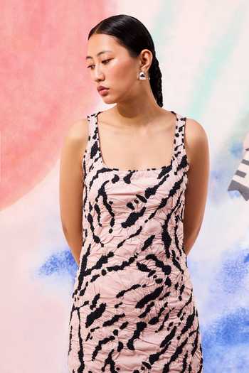 Ilk_Pink Cambric Embroidery Square Neck Tundra Midi Dress _Online_at_Aza_Fashions