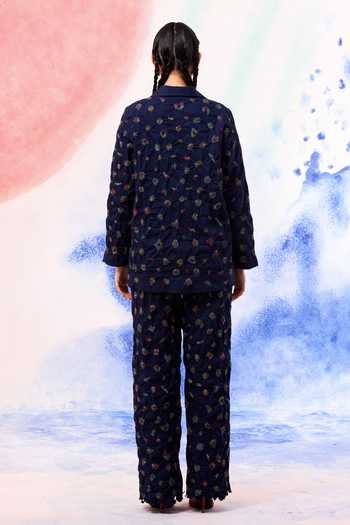 Shop_Ilk_Navy Denim Embroidery Lynx Smocked Pant _at_Aza_Fashions