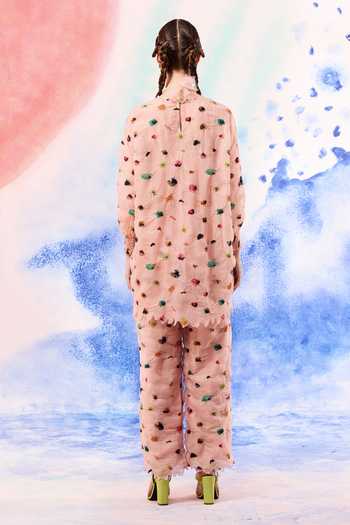 Shop_Ilk_Pink Silk, Muslin Embroidery High Neck Leo Smocked Top _at_Aza_Fashions