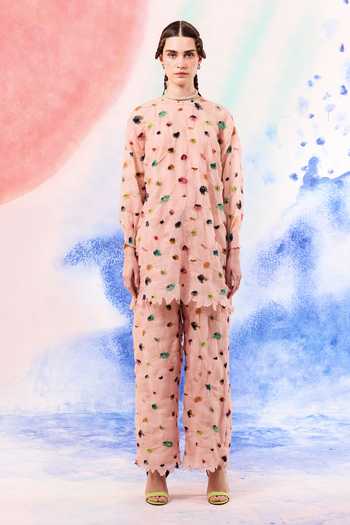 Ilk_Pink Silk, Muslin Embroidery High Neck Leo Smocked Top _Online_at_Aza_Fashions