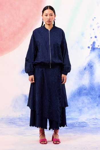 Ilk_Navy Denim Embroidery Mandarin Collar Beaver Zipper Jacket _Online_at_Aza_Fashions
