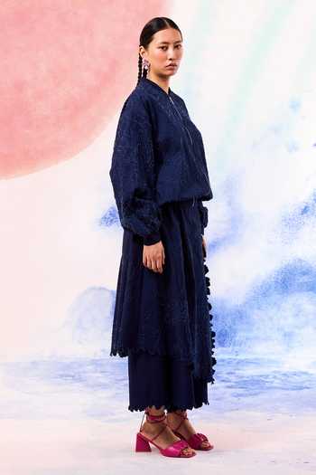 Buy_Ilk_Navy Denim Embroidery Mandarin Collar Beaver Zipper Jacket _Online_at_Aza_Fashions