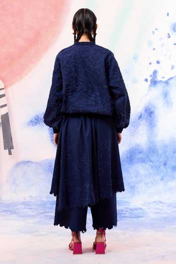 Shop_Ilk_Navy Denim Embroidery Mandarin Collar Beaver Zipper Jacket _at_Aza_Fashions